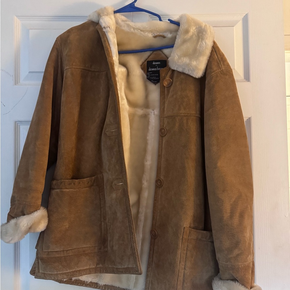 Dennis Basso Women's Tan Leather Jacket with Cream Accents